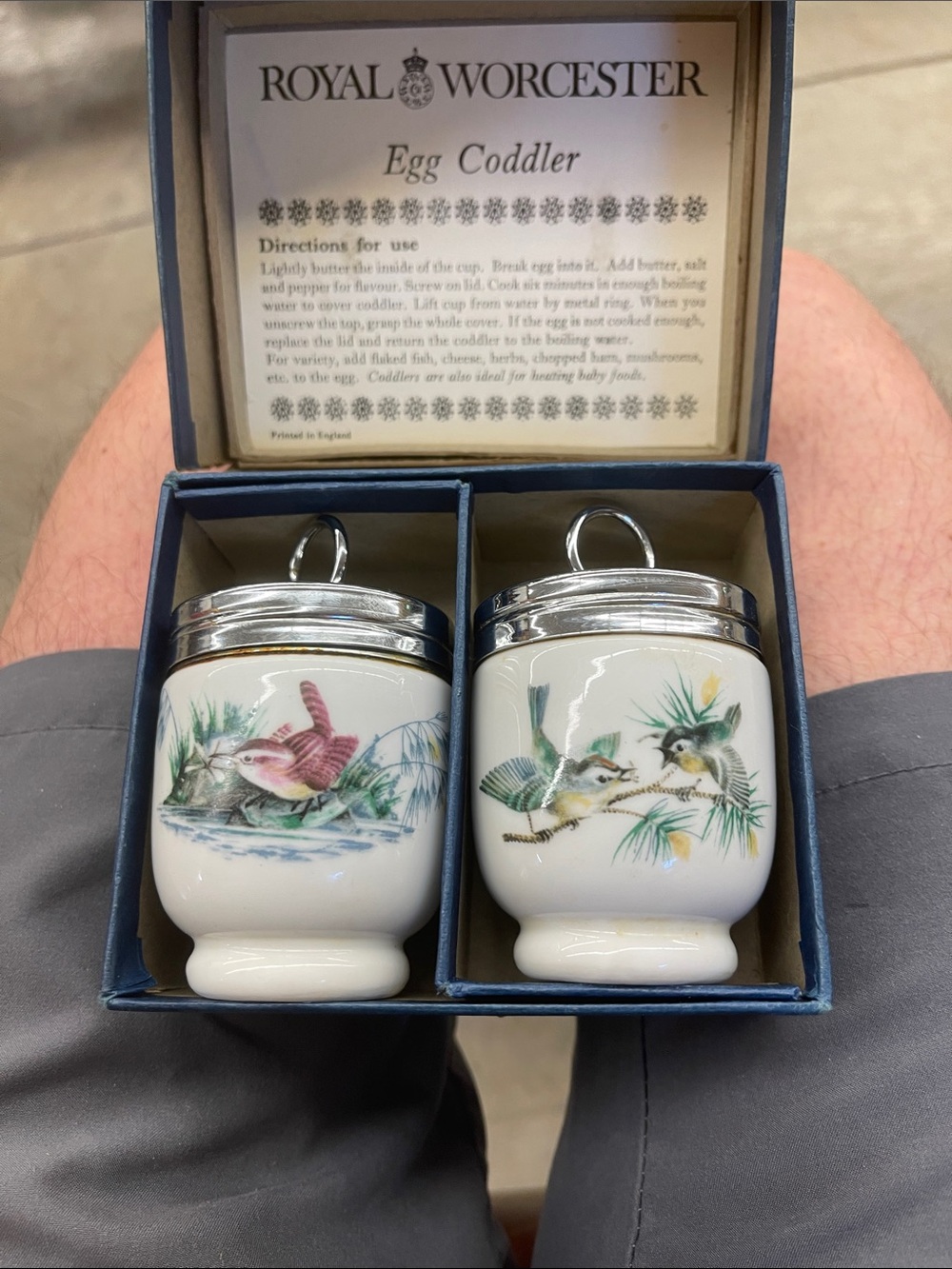 Vintage Royal Worcester Egg Coddlers with Bird Motif - White Porcelain